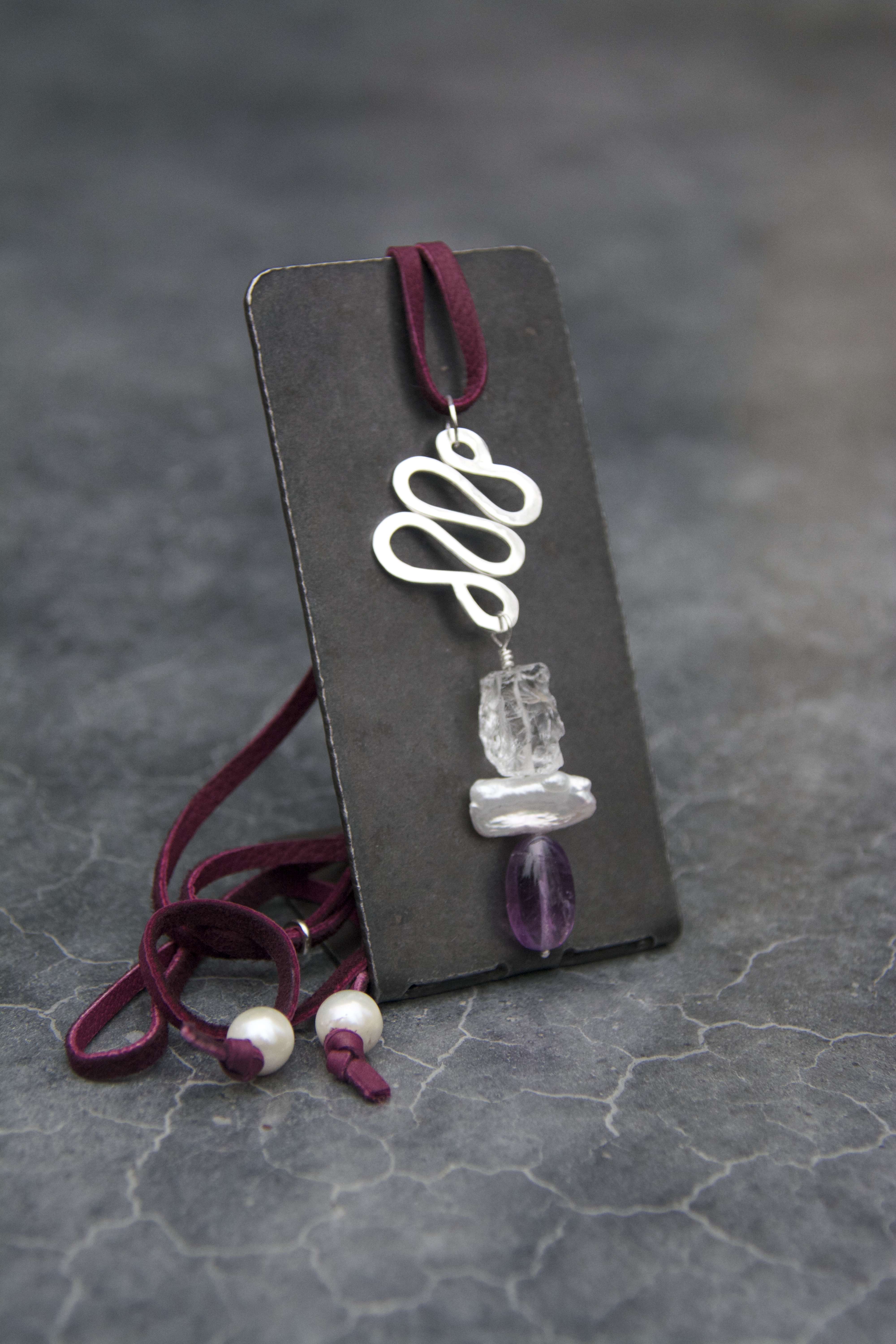 Silver Ribbon Pendant with Rock Crystal, Freshwater Pearl and Ametrine