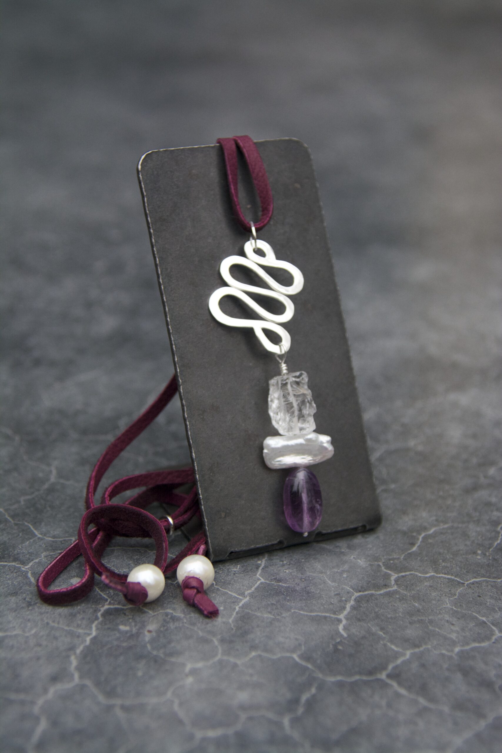 Silver Ribbon Pendant with Rock Crystal, Freshwater Pearl and Ametrine Drop - Image 2