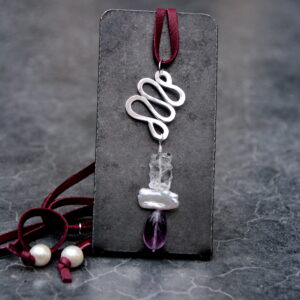 Silver Ribbon Pendant with Rock Crystal, Freshwater Pearl and Ametrine Drop