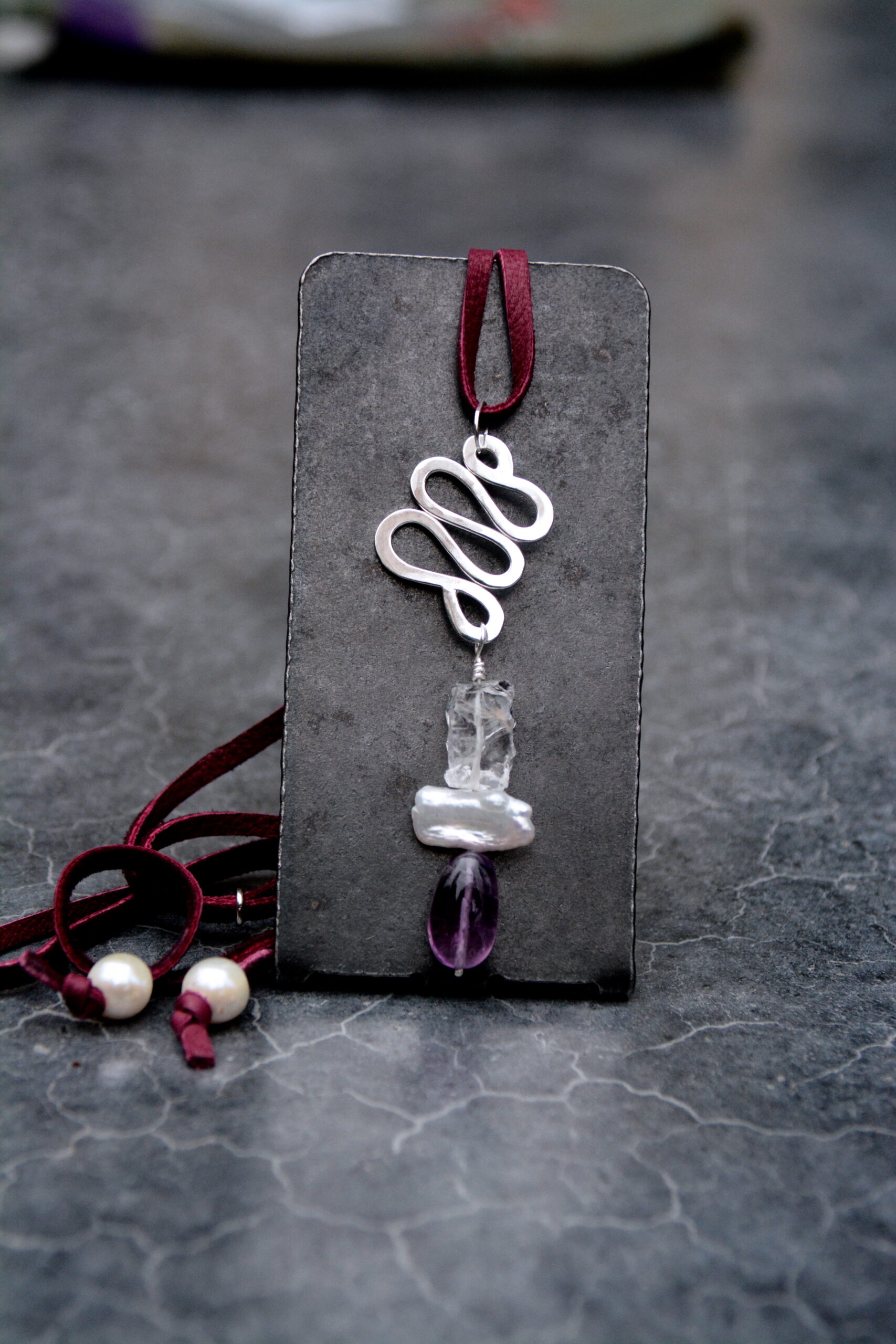 Silver Ribbon Pendant with Rock Crystal, Freshwater Pearl and Ametrine Drop